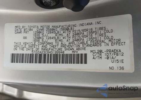 2004 Toyota Sienna Le из США, поврежденный, VIN 5TDZA23C84S199940